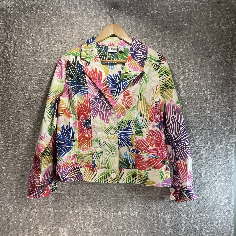 Chico's Jacket Button Floral Sz 1, M Colorful Preppy Casual
